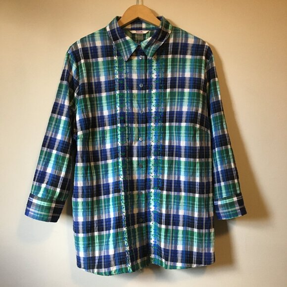 Vintage Alia Plaid Embroidered Green & Blue Cottagecore Button Down Shirt - Picture 1 of 16
